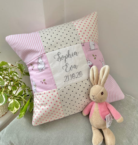 Personalised pink and grey bunny name cushion