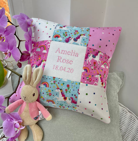 Pink and mint unicorn name and date cushion