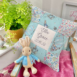 Peter rabbit name and date cushion  mint floral