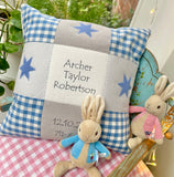 Blue and grey name, weight and date patchwork cushion