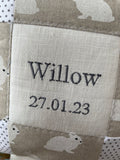 White rabbits name and date cushion