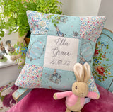 Peter rabbit name and date cushion  mint floral