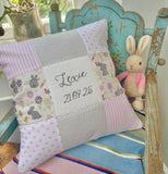 Personalised pink, blue and grey bunny name cushion