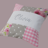 Pink and Grey Patchwork Name Cushion