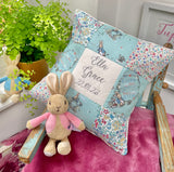 Peter rabbit name and date cushion  mint floral