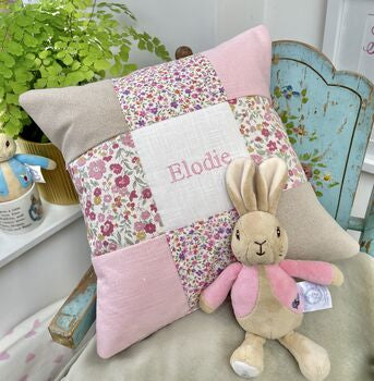 Ditsy Pink Patchwork Name Cushion