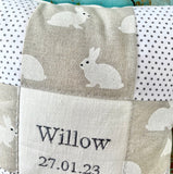 White rabbits name and date cushion
