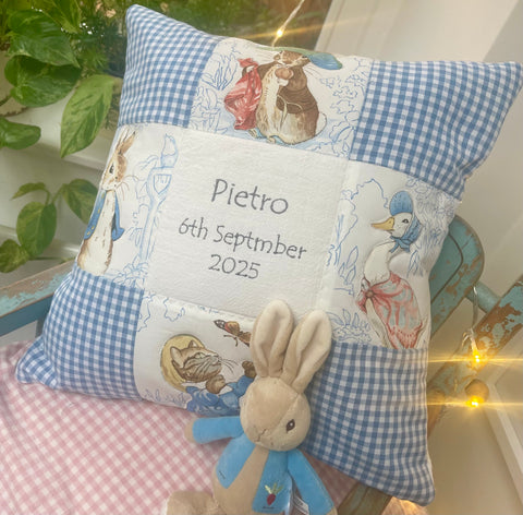 Beatrix Potter© gingham Patchwork Name and Date Cushion