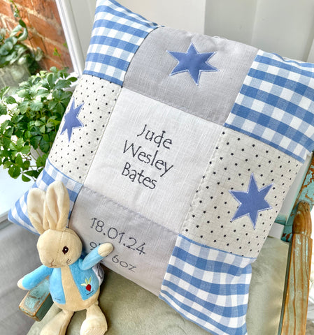 Blue and grey name, weight and date patchwork cushion