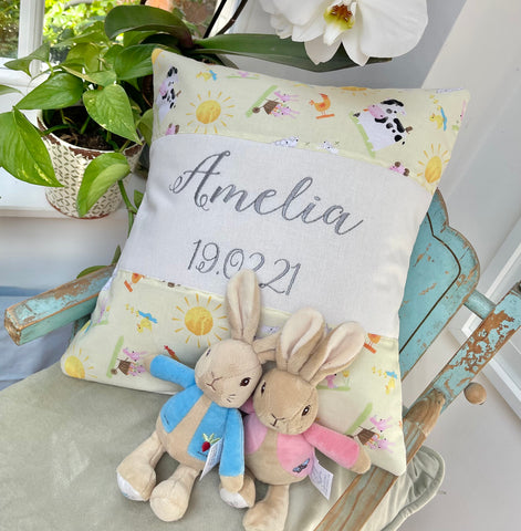Farmyard animals name and date cushion