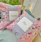 Ditsy bunnies and floral name and date cushion