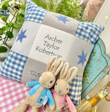 Blue and grey name, weight and date patchwork cushion