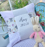 Personalised pink, blue and grey bunny name cushion