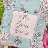 Peter rabbit name and date cushion  mint floral