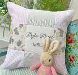 Personalised pink, blue and grey bunny name cushion