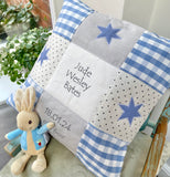 Blue and grey name, weight and date patchwork cushion