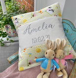 Farmyard animals name and date cushion