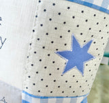 Blue and grey name, weight and date patchwork cushion