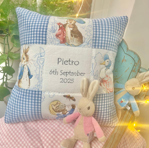 Beatrix Potter© Christening cushion Patchwork Name and Date Cushion