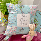 Peter rabbit name and date cushion  mint floral
