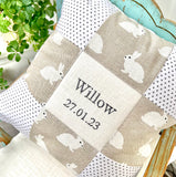 White rabbits name and date cushion