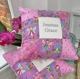 Lilac and pink fairy name cushion