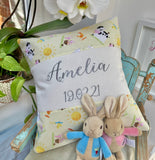 Farmyard animals name and date cushion