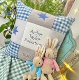Blue and grey name, weight and date patchwork cushion