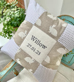 White rabbits name and date cushion