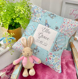 Peter rabbit name and date cushion  mint floral