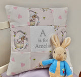 Peter rabbit name and date cushion  mint floral