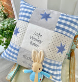 Blue and grey name, weight and date patchwork cushion