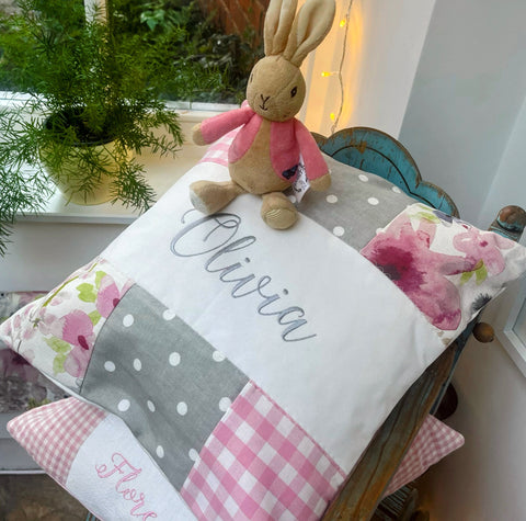 Pink and Grey Patchwork Name Cushion