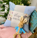 Personalised pink and grey bunny name cushion