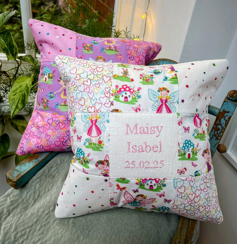 Cream and pink fairy name cushion