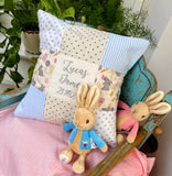 Personalised pink and grey bunny name cushion