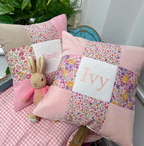 Peachy pink patchwork name cushion