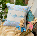 Farmyard animals name and date cushion