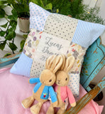Personalised pink and grey bunny name cushion