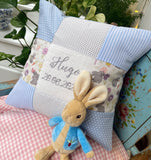 Personalised pink and grey bunny name cushion