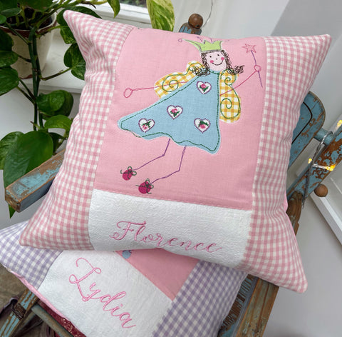 Pink fairytale name cushion