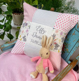 Personalised pink and grey bunny name cushion