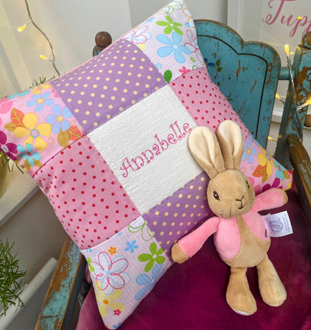 Pink and purple name cushion