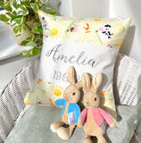 Farmyard animals name and date cushion