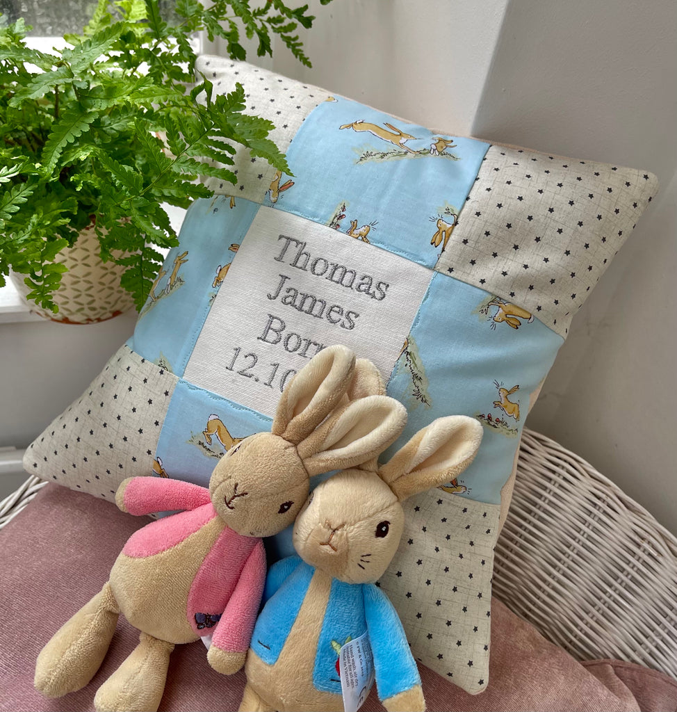 Bunny Birth and Christening Cushion Blue Tuppenny House Designs