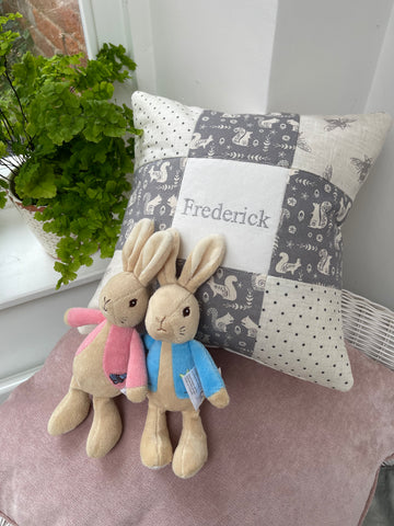 Little Grey Squirrel Name and Date Cushion