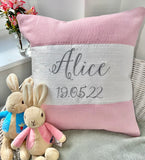 Silk and Linen Script Cushion Pink