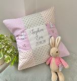 Personalised pink and grey bunny name cushion