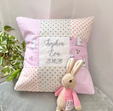 Personalised pink and grey bunny name cushion