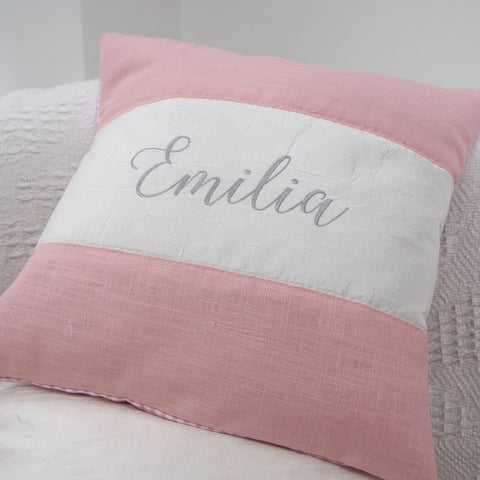 Silk and Linen Script Cushion Pink